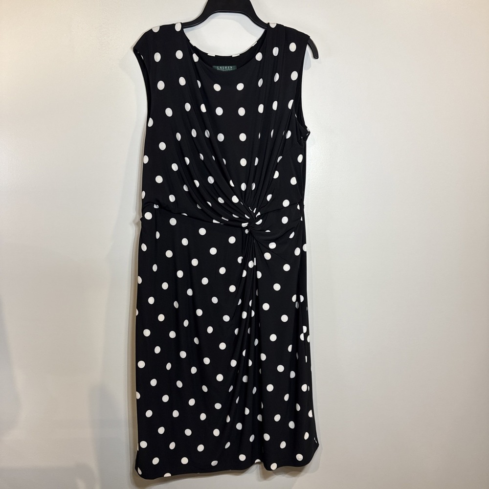 Lauren Ralph Lauren Polka Dot Ruched Knotted Cap Sleeves Dress Black White Sz 18